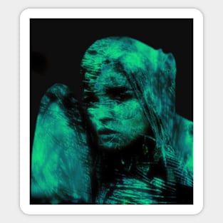 Beautiful girl, warrior with a shield, knight. Dark but beautiful. Blue and green. Sticker